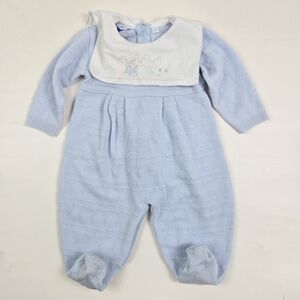 Vinatge Carriage Boutique Romper 6 Months Light Blue Knit With Attached Bib